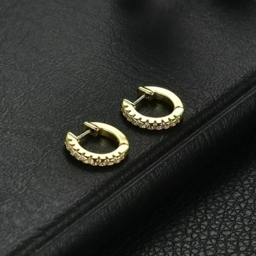 Unisex AAA Zircon Gold Tone Stainless Steel Huggie Hoop Hinge Earrings NWT - Picture 2 of 3